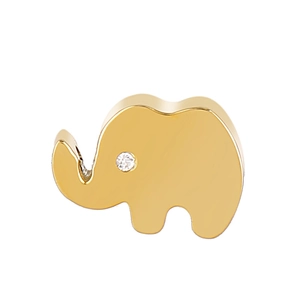 Macro detail of golden elephant pendant with crystal eye on a pure white background