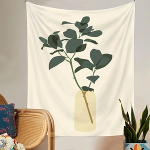 Minimalistischer Wandteppich mit grünen Blättern und gelber Vase für Wanddekoration