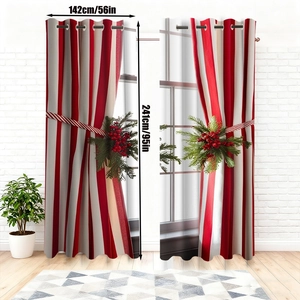 Detail of red and gray striped Christmas velvet curtains with metal eyelets and tieback