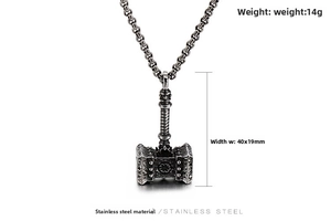 Detail of retro stainless steel Mjolnir pendant with antique etched texture and dimensions