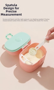 Close-up of portable baby milk powder box with built-in leveler and separate spoon storage