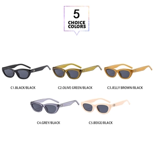 Detailed view of cat eye sunglasses in black, olive green, jelly brown, grey, and beige