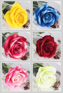 Velvet artificial roses in yellow, blue, pink, and green for wedding home decoration