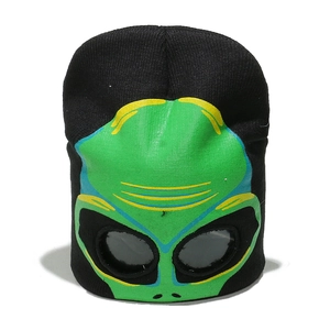 Detail of knitted beanie with green alien face and black semi-transparent eye lenses