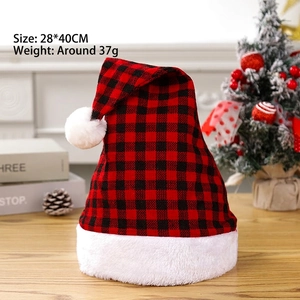 Red and black checkered Christmas hat with white plush trim and 28x40cm dimension