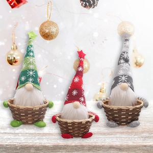 Set of three Christmas gnome bamboo baskets in red, green, and grey knit fabric