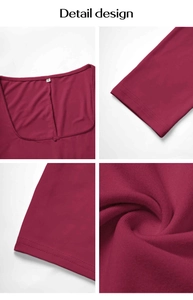 Detail shots of burgundy yoga bodysuit featuring square neckline and knit fabric texture