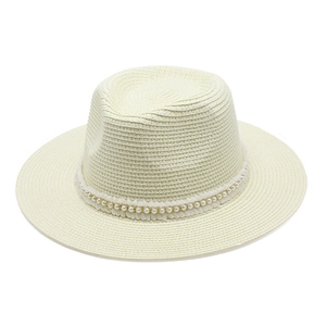 Chapeau de paille Panama crème avec ruban de perles élégant et protection solaire