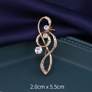 Elegant gold treble clef music brooch with white zircons, size 2.0cm x 5.5cm for women