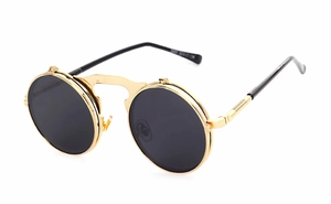Detailed side view of steampunk flip-up sunglasses with gold frame and dark lenses