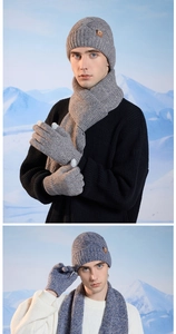 Detail of winter knitted hat, scarf and gloves set with leather patch and ribbed texture