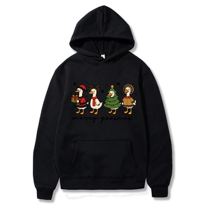 Black Christmas Merry Goosmas hoodie with cartoon geese prints and kangaroo pocket