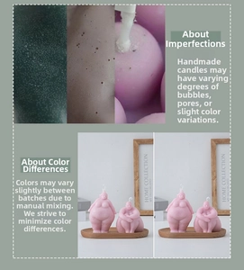 Detail of pink body sculpture candles on wood tray showing handmade texture and pores
