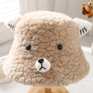 Plush bear bucket hat in beige fleece with cute 3D ears for winter warmth and comfort