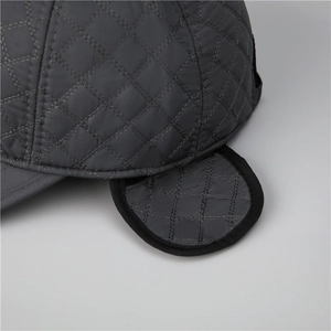 Men's winter baseball cap with ear flaps in dark grey quilted diamond pattern fabric