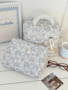 Set de trousses à maquillage en velours côtelé fleuri avec poignée et broderie