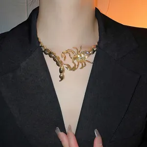 Rhinestone Scorpion Choker Statement Necklace Alloy Animal Design Gold Tone Exaggerated Open Collar For Women