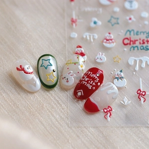 Christmas 5D embossed nail stickers featuring snowman, stars, and festive holiday elements