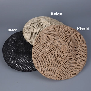 Detailed knit texture of summer beret hats in black, beige, and khaki color options