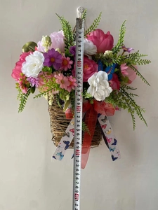 Detail view of floral hanging basket measuring 40cm with roses and butterflies