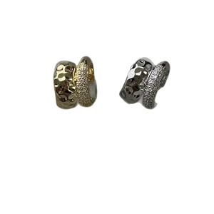 Double-layer metallic ear cuffs with hammered texture and pave rhinestones for women