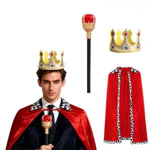 Royal King Cape Crown Scepter Costume Accessories Velvet Spotted Trim Halloween Cosplay Props Kids Adults