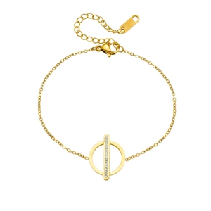 Gold-plated stainless steel bracelet with rhinestone bars and circular geometric charms