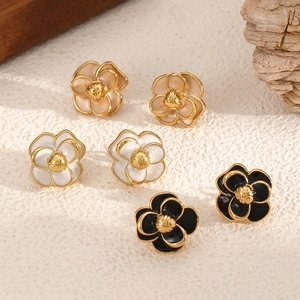 Vintage stainless steel camellia stud earrings in white, black and beige floral designs