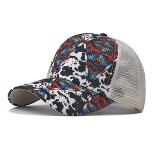 Detail of western horse print trucker hat with mesh back and ethnic geometric patterns