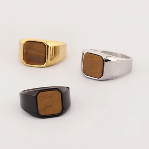 Retro stainless steel square tiger eye stone signet rings for men in gold, silver and black