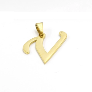 Detailed view of the gold-plated stainless steel letter V pendant with a clasp