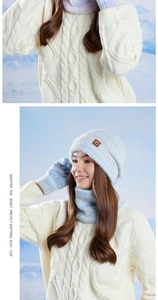 Detail view of light blue winter knit set with hat, scarf, and gloves for women