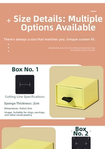 Detail view of yellow 5x5x3.5cm drawer jewelry box with sponge insert for rings
