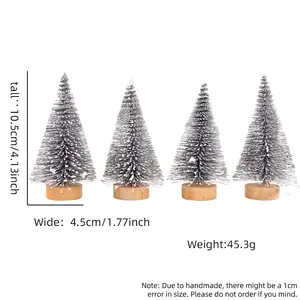 Miniature flocked Christmas trees with golden bells and wooden base in 4-piece set