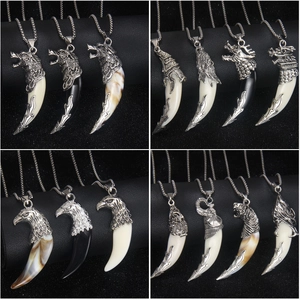 Men's stainless steel wolf tooth necklaces in various colors with metal chains