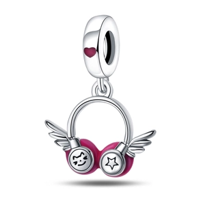 Detail of silver headphone charm with rose enamel, angel wings and cat face star patterns