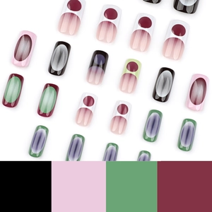 French medium square press-on nails with cat-eye effect and geometric dot patterns