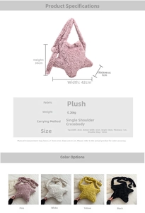 Detailed view of plush star bag showing size 38x42x1cm and 160cm strap specifications