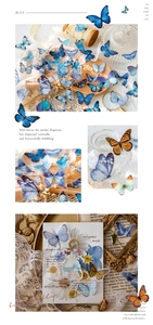 Detailed view of vintage blue butterfly PET stickers for journaling and DIY scrapbooking