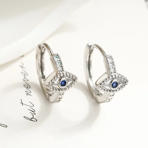 Exquisite Evil Eye hoop earrings with blue zircon in polished silver finish