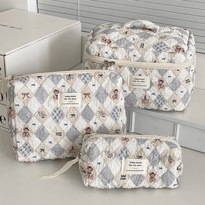 Quilted Cotton Cosmetic Bag Set Teddy Bear Bow Diamond Grid Travel Toiletry Pouch Portable Organizer For Women Students