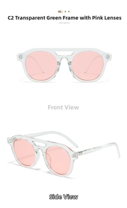 Front and side view of double bridge sunglasses with transparent green frames and pink lenses