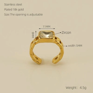 Detail of 18k gold plated stainless steel ring featuring a square cut zircon stone