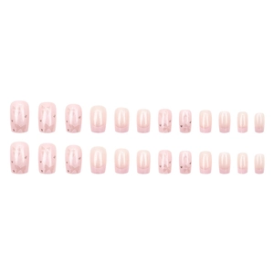 Short French nude pink pearl shimmer press-on nails with sweet bow designs, 24-piece set