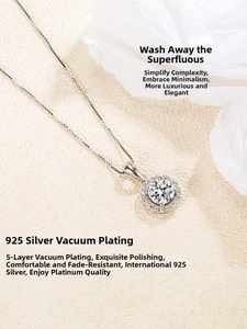 Macro shot of S925 sterling silver round pendant with halo moissanite stone