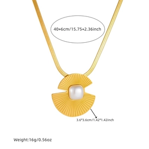 Gold stainless steel fan pendant necklace with pearl detailing and size specifications