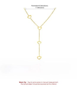 Detail view of gold heart tassel Y-necklace made of premium durable stainless steel