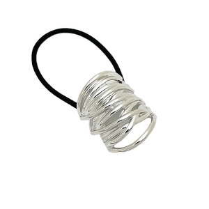 Minimalist elastic ponytail holder with a silver layered hollow metal hair cuff decoration