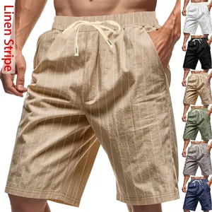 Men Casual Shorts Linen Blend Vertical Striped Elastic Drawstring Waist Summer Beach Fashion Breathable Bottoms