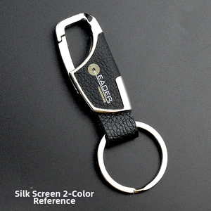 Detail of silver metal carabiner clip and black litchi leather strap keychain